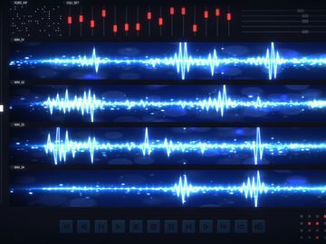 Futuristic audio editing interface with glowing blue waveforms and control sliders.