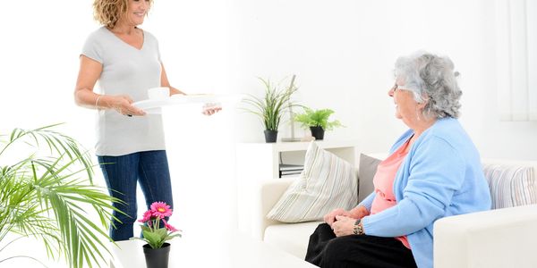 Woman serving food to an elderly lady at home.
