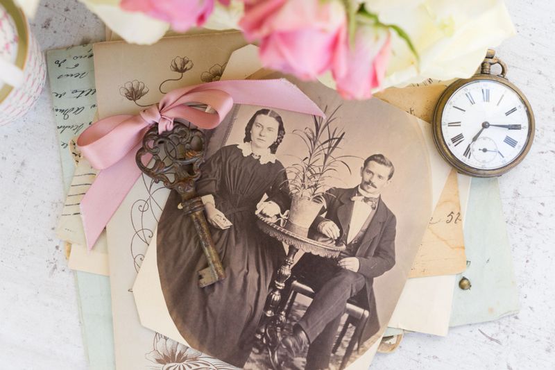 old family album with vintage image of married couple