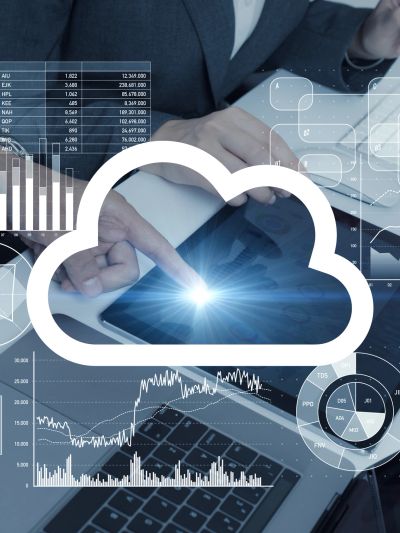Cloud computing concept with digital charts and business interaction.