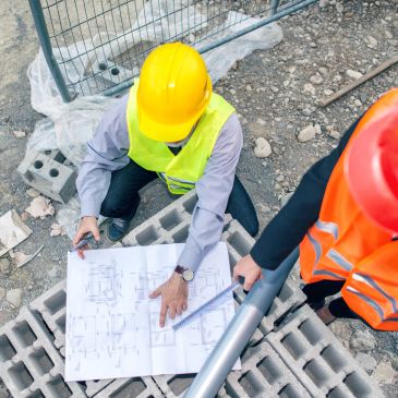 Construction workers reviewing blueprints on site.
