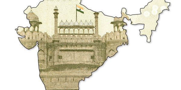 Map of India with Red Fort and Indian flag inside.