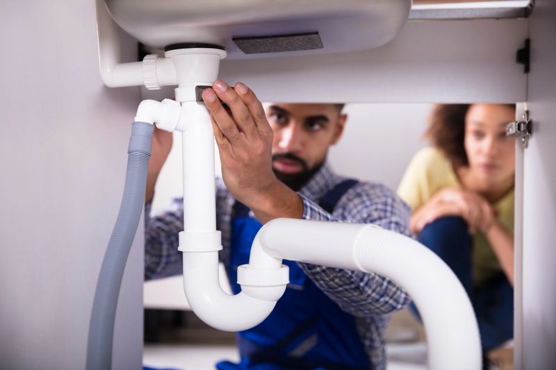 Close-up Of A Male Plumber Fixing Sink Pipe In Kitchen