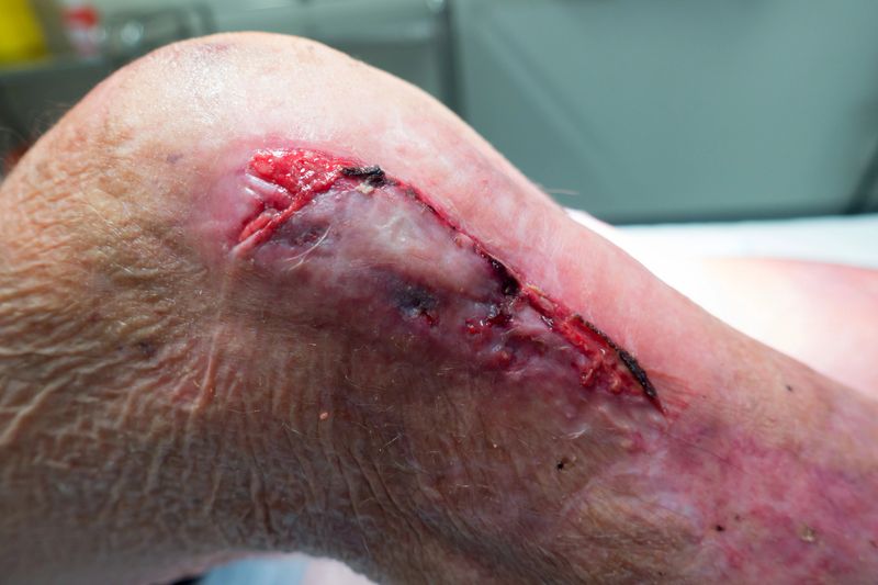 Severe skin tear on leg of senior man