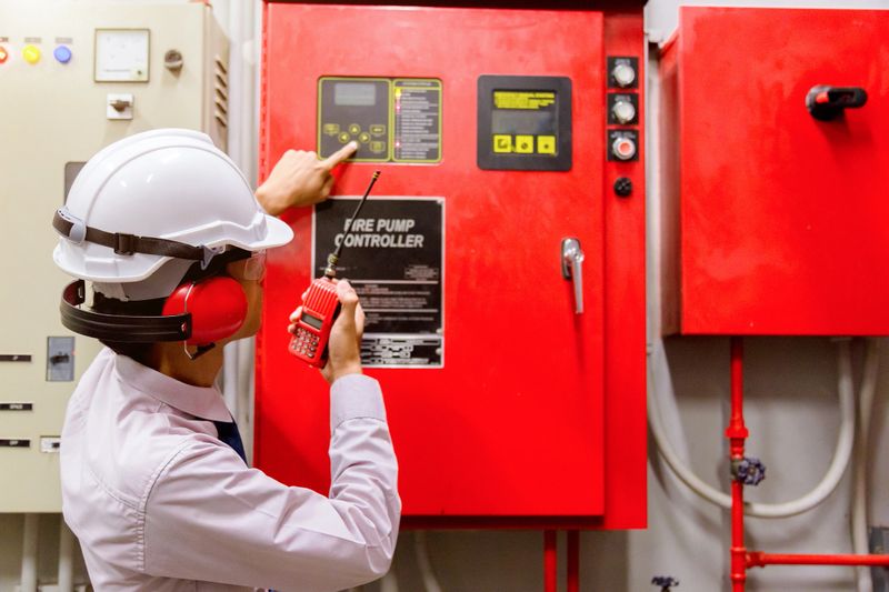 Engineer checking Industrial fire control system,Fire Alarm controller, Fire notifier, Anti fire.System ready In the event of a fire.