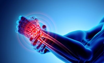 X-ray style image showing wrist pain.