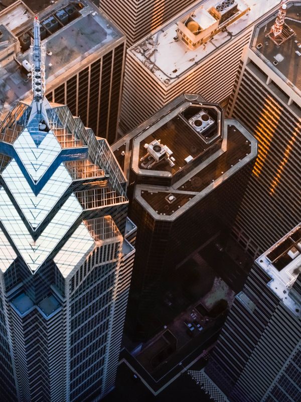 Aerial view of downtown Philadelphia skyscrapers and office buildings