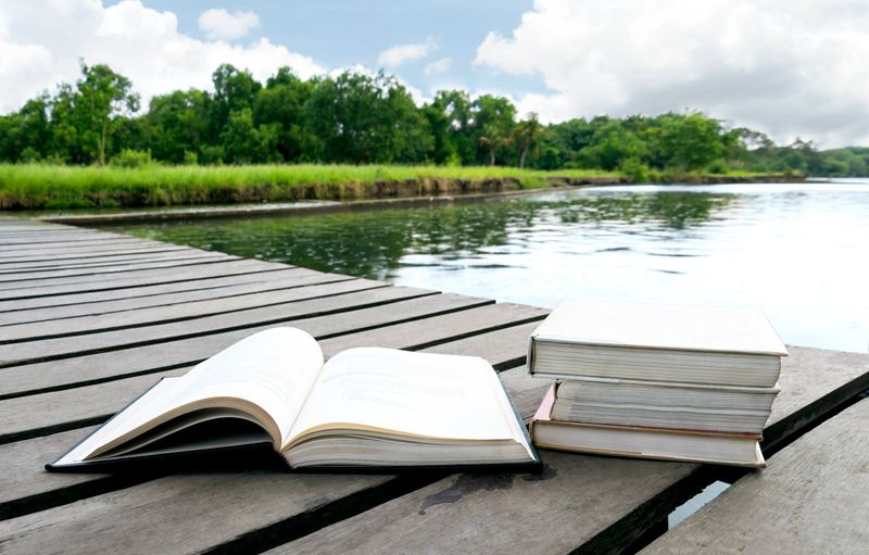 Books on the wood floor the bridge of waterside area adjoining lake or river in nature forest background with copy space for text. Concept for education.