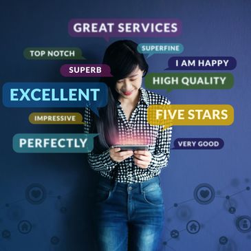Woman using phone surrounded by positive review words.