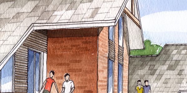 Watercolor illustration of people on balconies of a modern brick house.