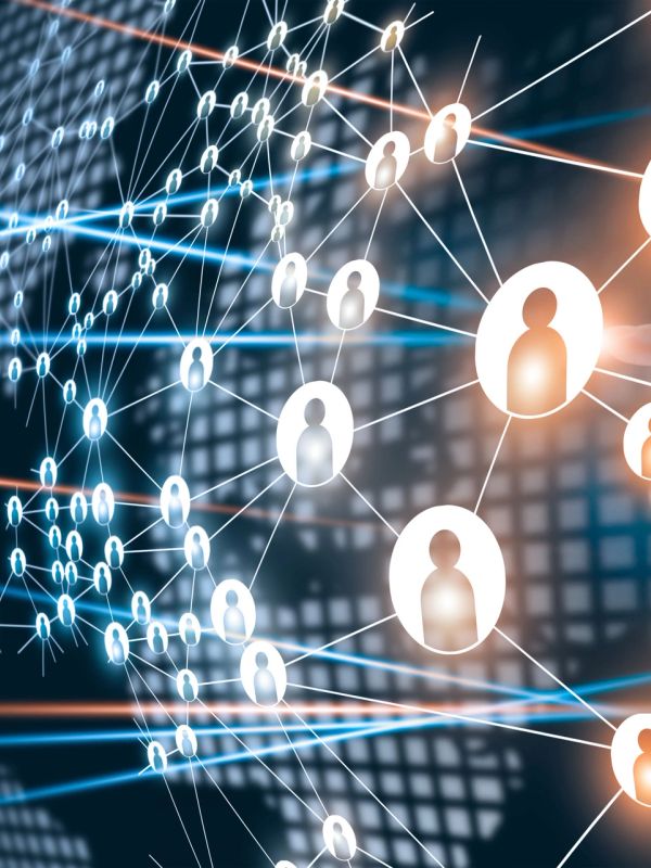 Digital network of connected people icons.