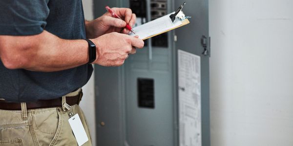 Person inspecting an electrical panel with a clipboard in hand.