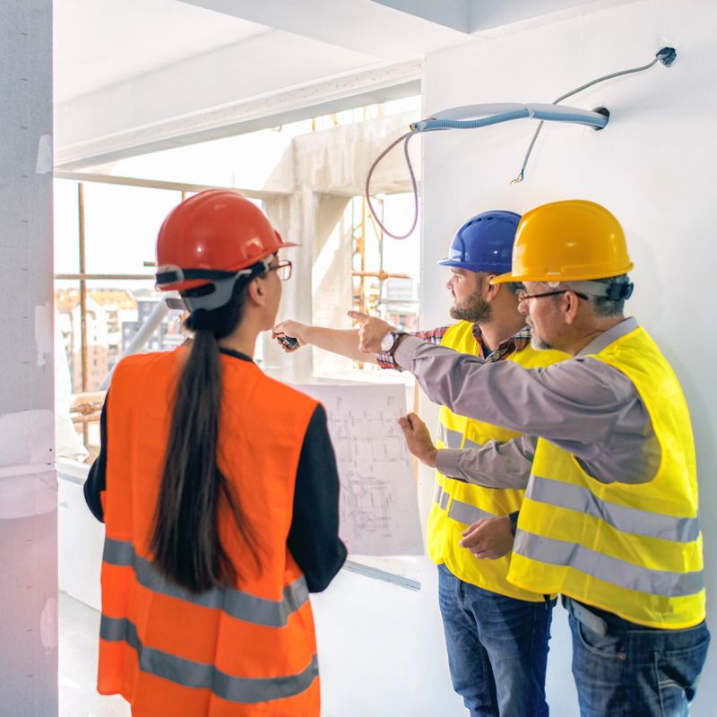 Engineers and architect looking at blueprints on construction site