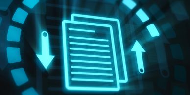 Digital file transfer icon with arrows.