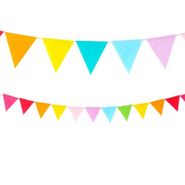 Colorful triangular pennant banners hanging on strings.