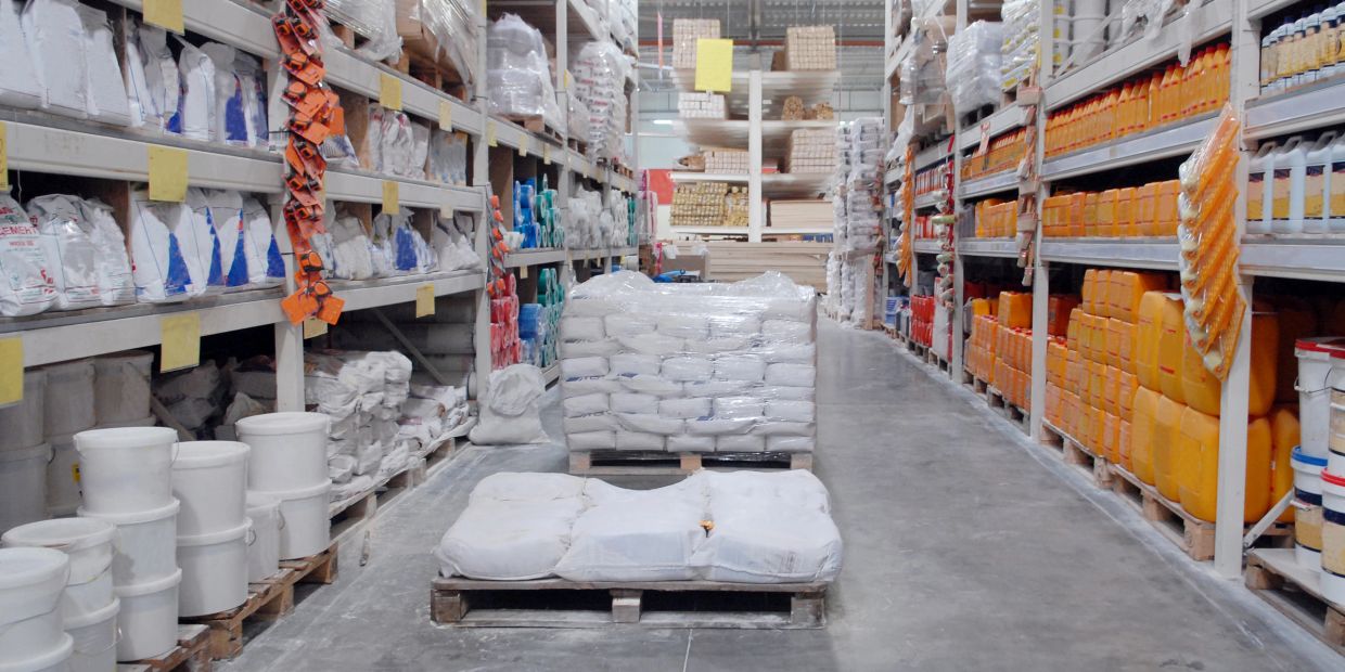 Warehouse aisle with goods stacked on shelves and pallets.