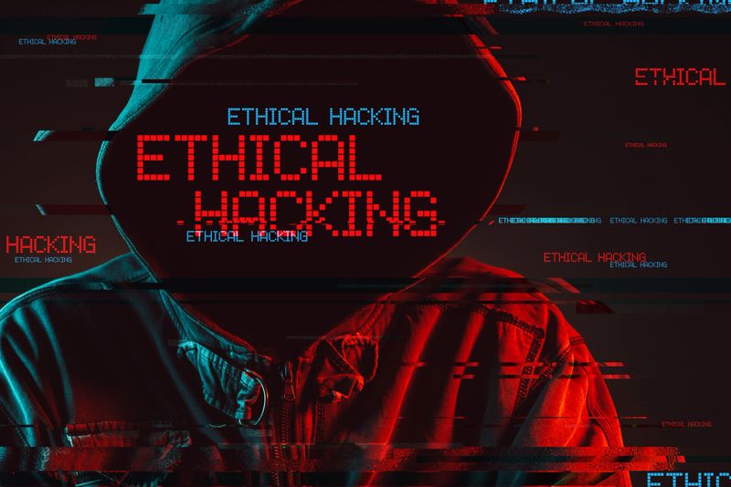 Ethical hacking concept with faceless hooded male person, low key red and blue lit image and digital glitch effect