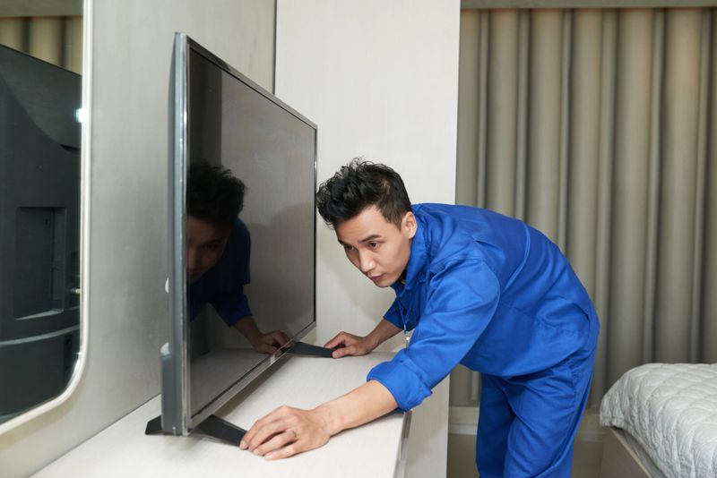 Technician installing television in bedroom of customer
