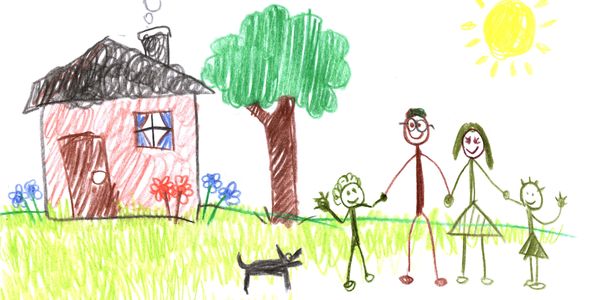 Child's drawing of a happy family outside their house on a sunny day.