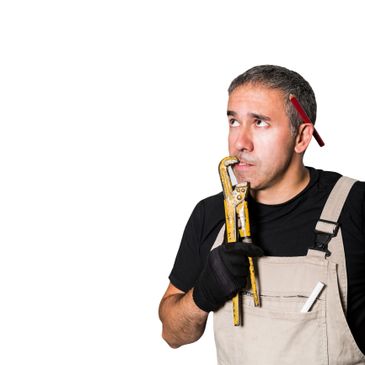 A thoughtful plumber with a wrench and pencil behind his ear.