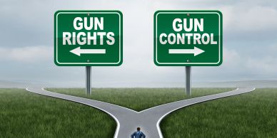 A man faces a fork with signs for gun rights and gun control.
