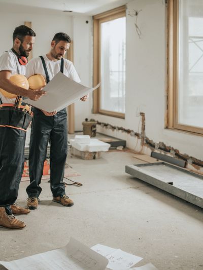 Two construction workers reviewing blueprints indoors.
