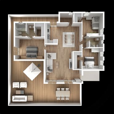 3D floor plan of a modern three-bedroom apartment with open living and dining areas.