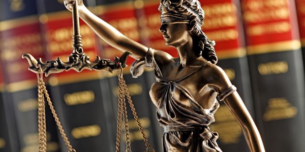 Bronze statue of Lady Justice with scales and blindfold in front of law books.