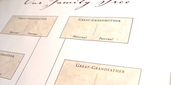 A vintage family tree chart showing great-grandparents with maternal and paternal sides.