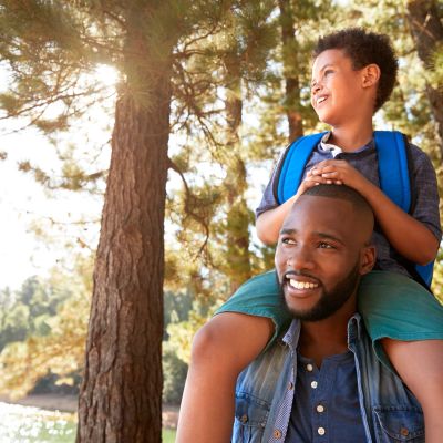 Smiling boy on his father's shoulders outdoors.
