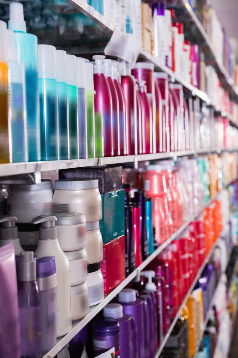 Image of shelves with fashionable modern stylish conditioners and mousses for hair in the store.