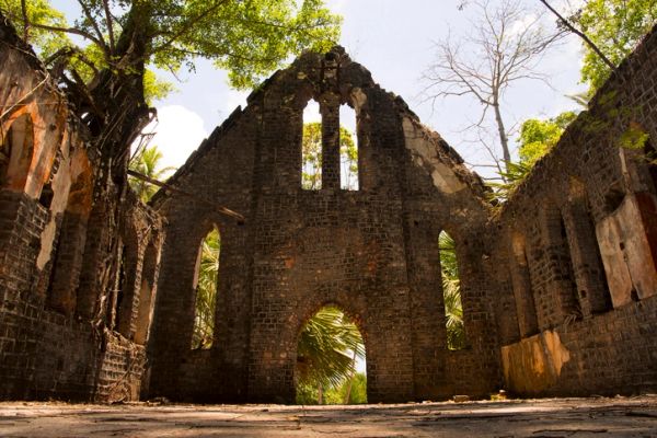 Ruins of an old stone building surrounded by trees.