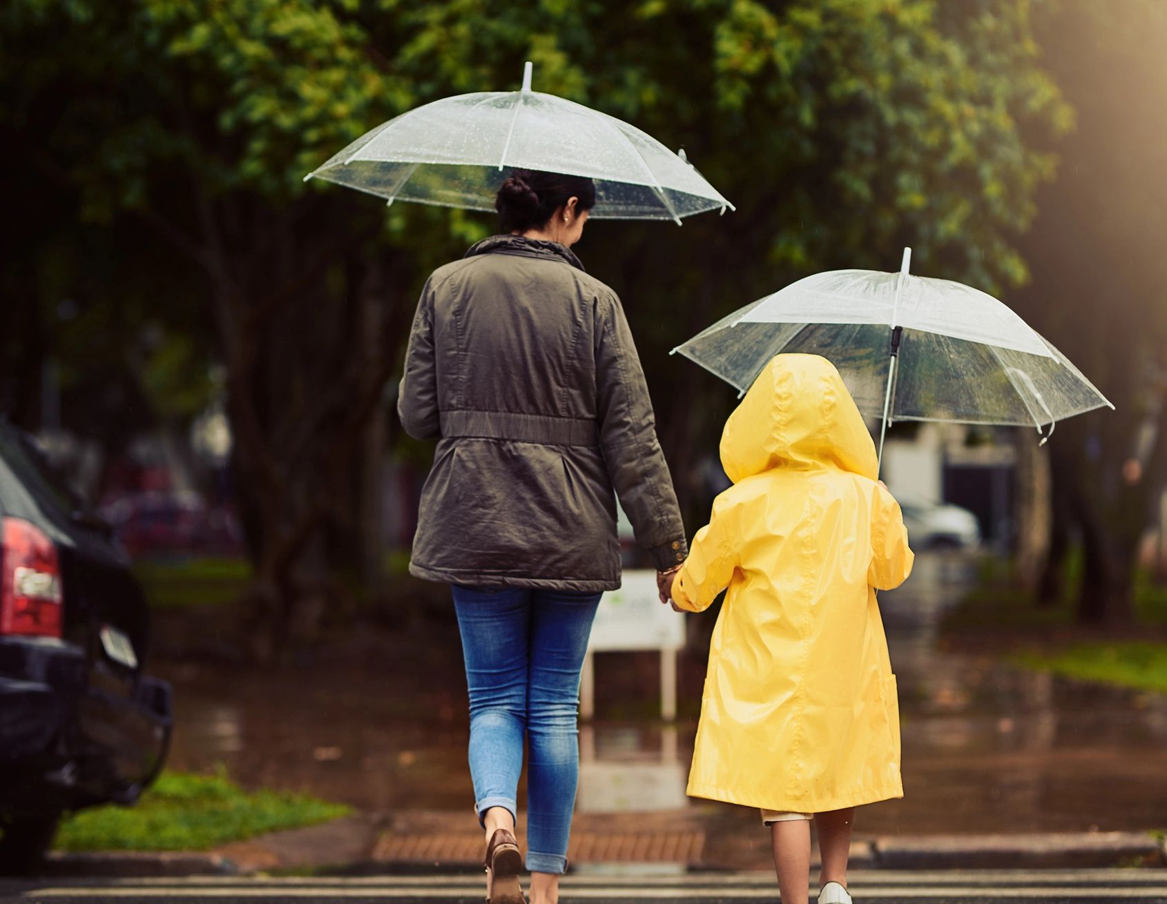 A parent and child walking together under umbrellas.