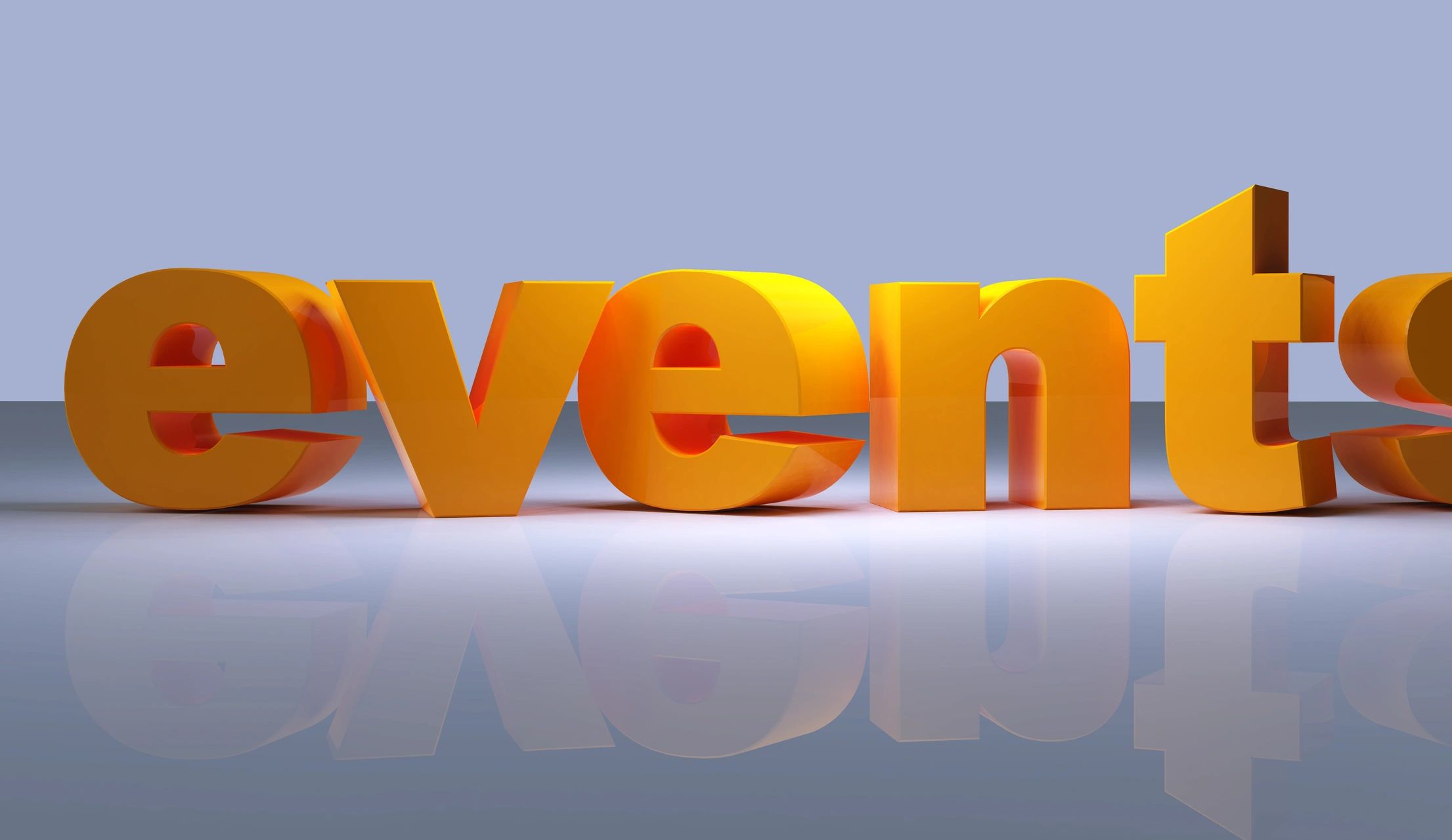 3D orange letters spelling "events" on a reflective surface.