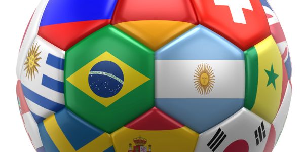 Soccer ball decorated with various national flags.