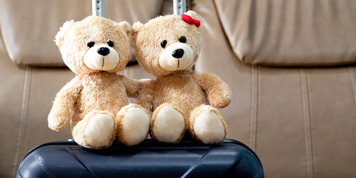 Two teddy bears sitting on a suitcase.