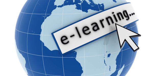 Globe with e-learning and mouse pointer.