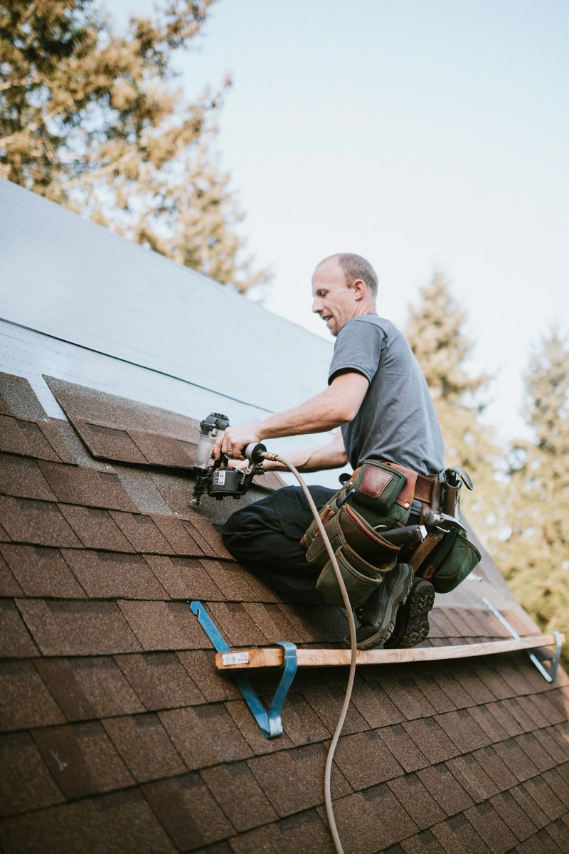 A roofer and crew work on putting in new roofing shingles.  Small local business serving local families in Washington State.