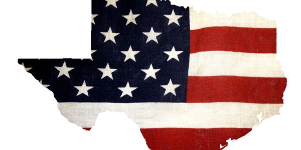 Texas state shape filled with American flag design.