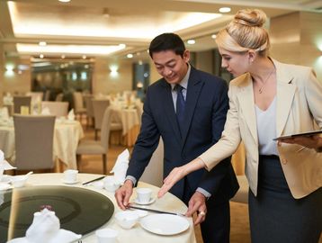 Two professionals setting a table in a restaurant.