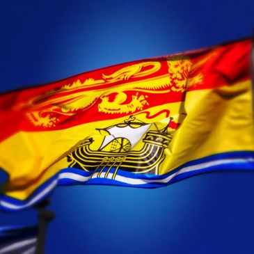 Flag of New Brunswick waving against a clear blue sky.