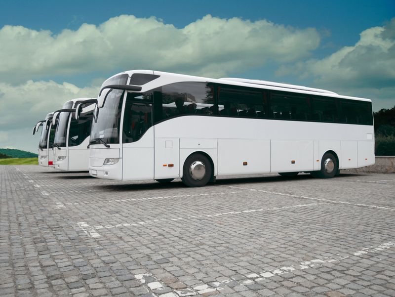 Three white tour buses parked on cobblestone.