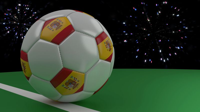 Soccer ball with the flag of Spain crosses the goal line under the salute, 3D rendering
