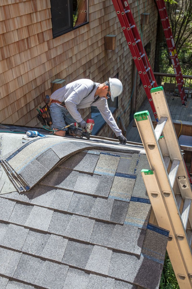 Installing new roof with  nail gun and shingles