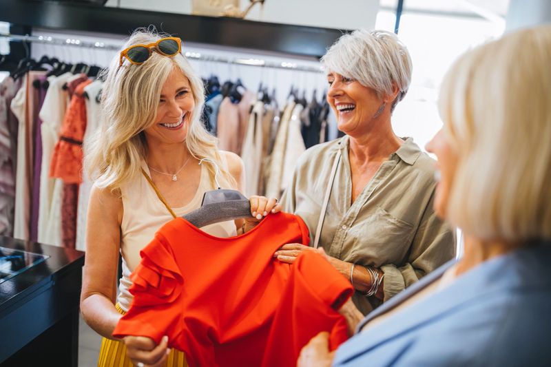 Smiling senior friends having fun shopping for fashionable clothes together in clothes shop