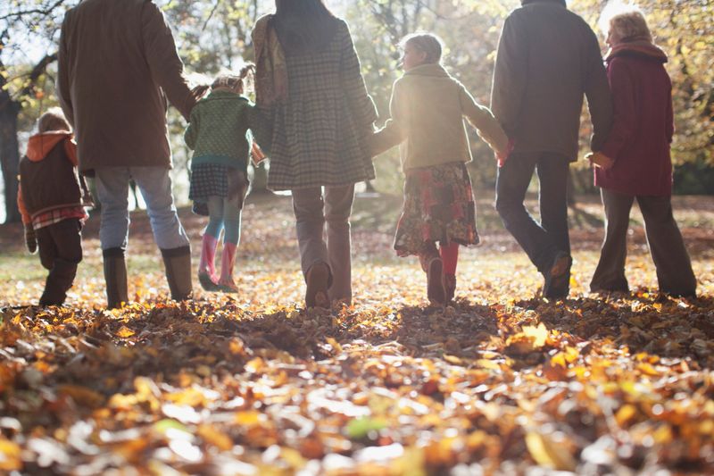 Extended family holding hands and walking outdoors