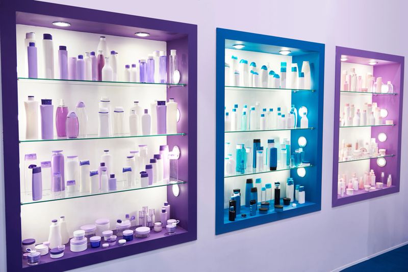 Showcase shop with plastic bottles and jars cosmetic and shampoo