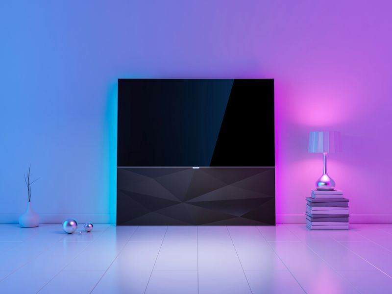Modern luxury Smart Tv Mockup on stand in white living room with ambient light, evening atmosphere. 3d rendering