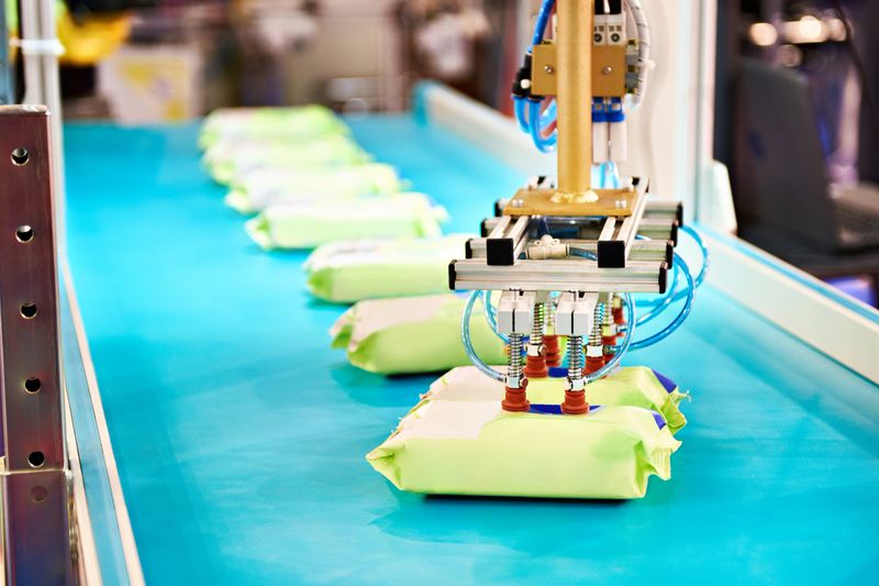 Hand robot manipulator for packaging products on conveyor
