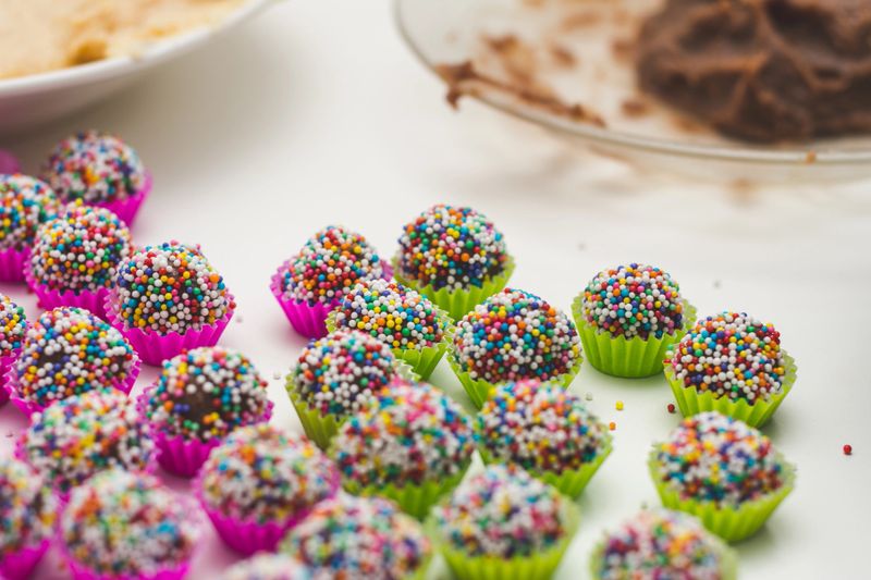 Brigadeiro. Handmade brazilian chocolate candy. Perspective view. Selective focus